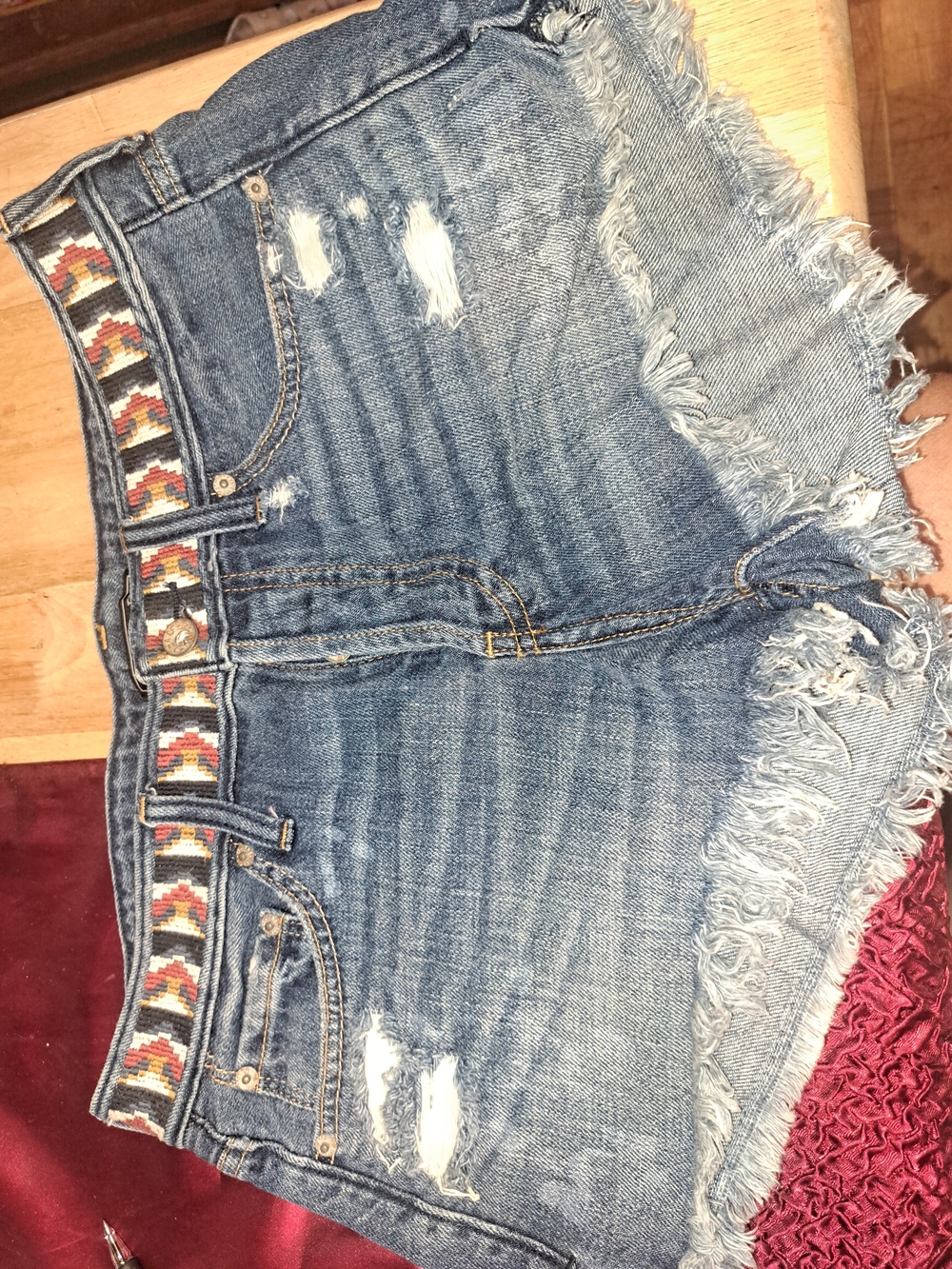 Abercrombie & Fitch Distressed Blue Denim Shorts with Woven Belt